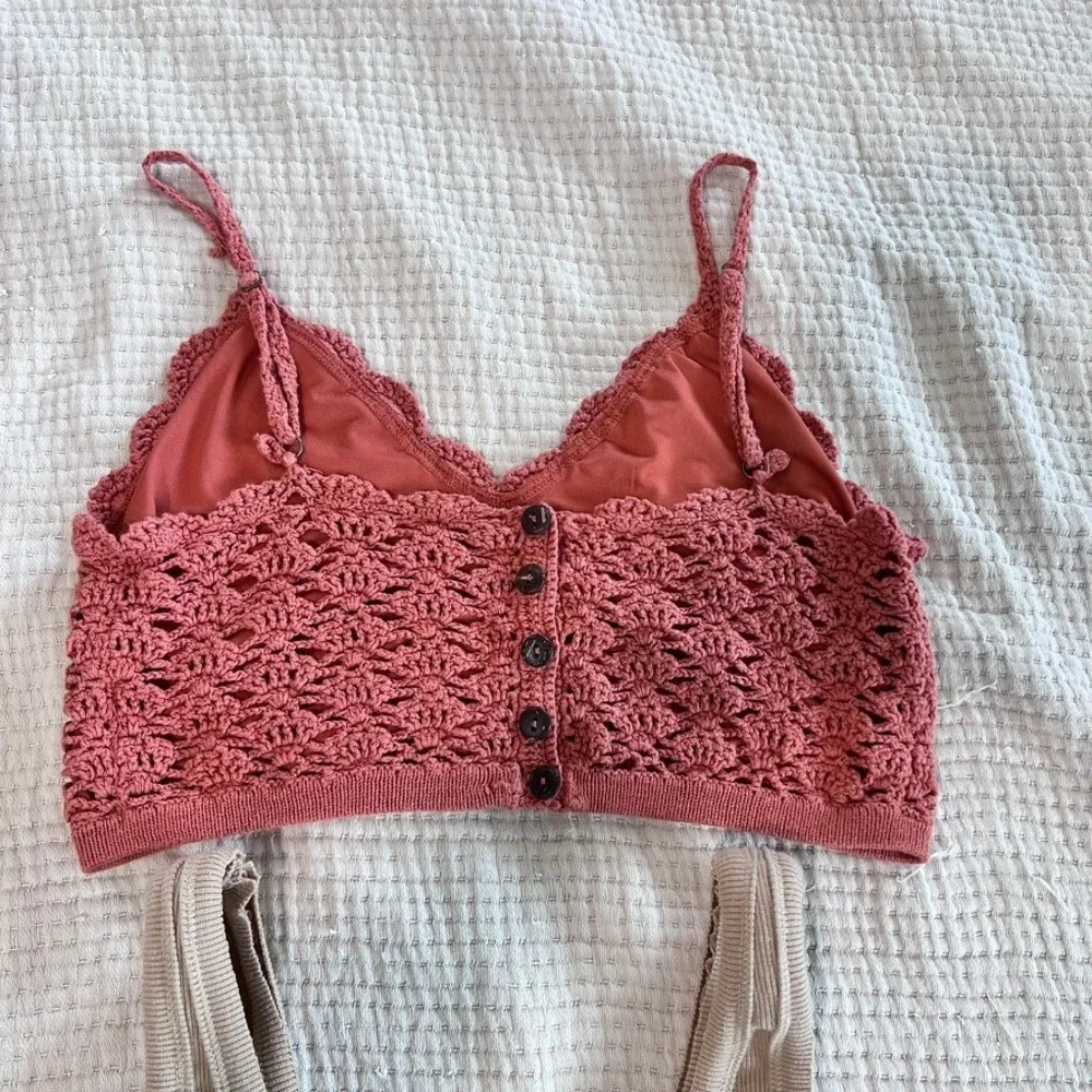 Crochet Cami Ribbed Crop Tank Top Bundle of 2 Womens M Rose Tan Beach Festival - Picture 5 of 13